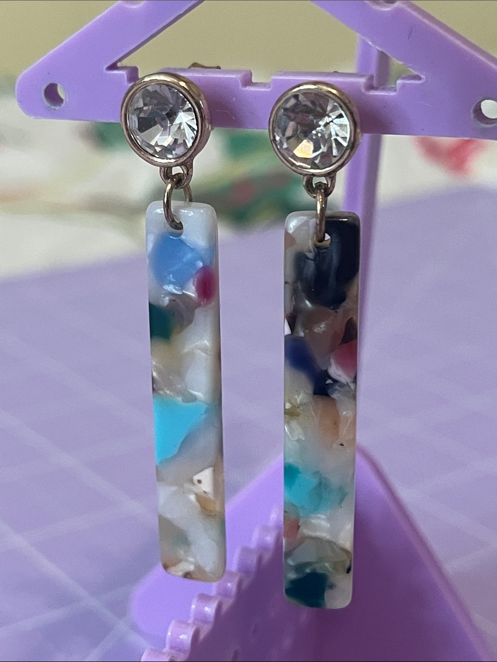 EUC Resin Multi-Color Bar Drop Earrings with Clear Crystal Studs - Women Jewelry
